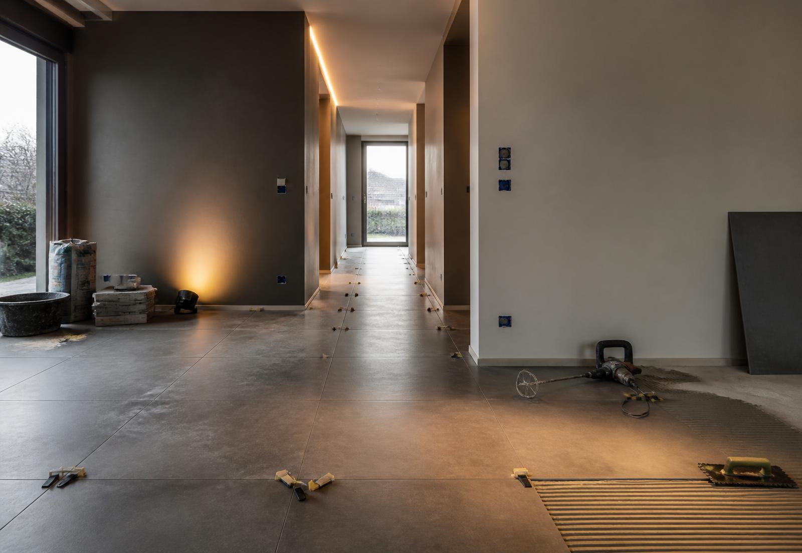 Innenausbau: frisch verputzte Wände und großformatige Bodenfliesen in einer Wohnung